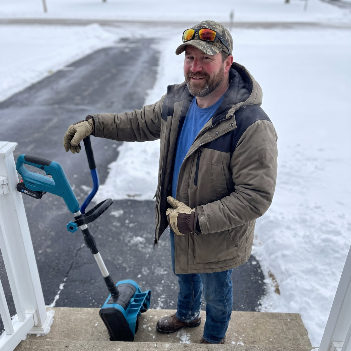 Homeowner beside a cleared snowy driveway with cordless electric snow shovel